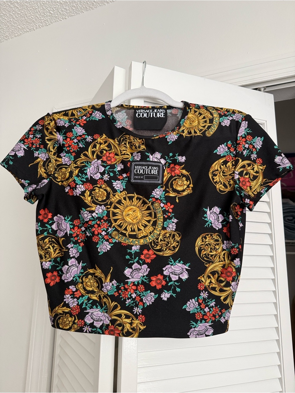 Versace Jeans Couture Black Gold Baroque Floral Crop Top